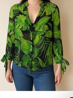 Alice-Olivia Silk Blend Green Leaf Print Sheer V-Neck Blouse Top
